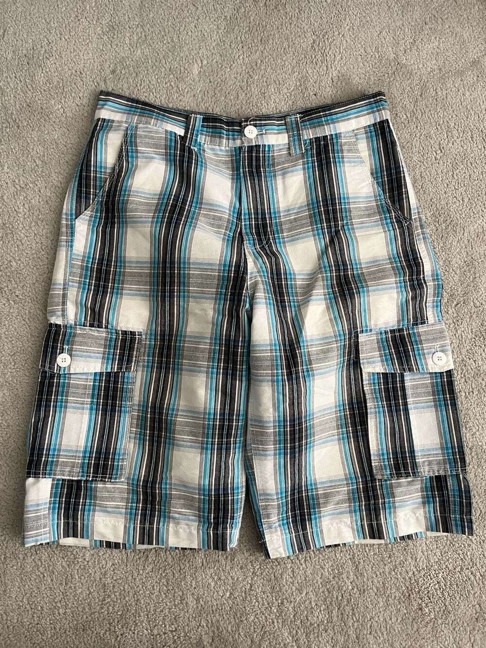 Southpole Plaid Cargo Shorts Size 34 Blue White Black Skate Y2K